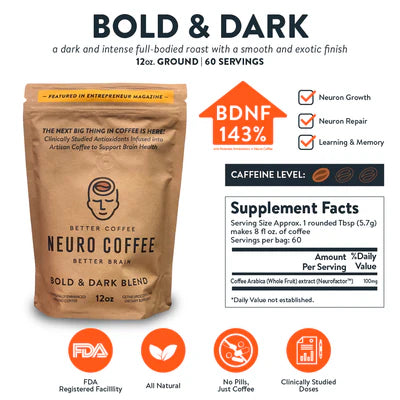 Neuro Coffee. Bold & Dark.12oz ground. 60 servings.